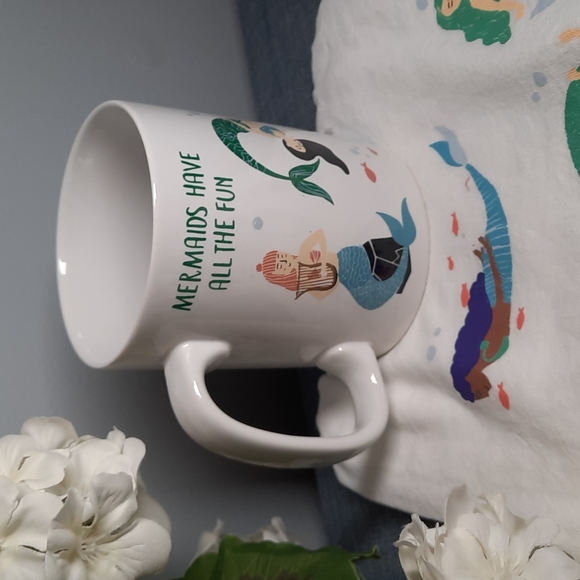 Mermaid Kitchen Dish Towel Matching Coffee Mug Gift Set Cotton Ceramic - Picture 2 of 5